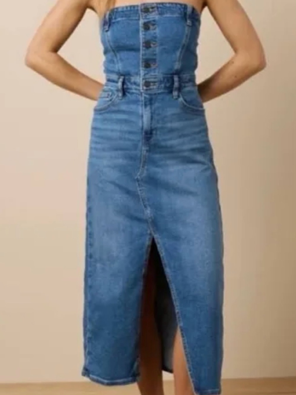 Strapless Denim Dress Front Slit. 
Has Stretch! 
Check out our Bundle Deal!